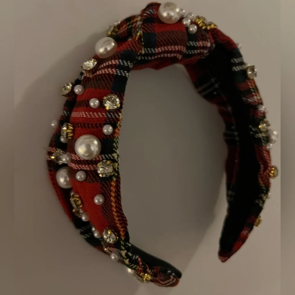 Holiday Top Knot Tartan Plaid Headband Faux  Pearls and Gold Accents—NEW—